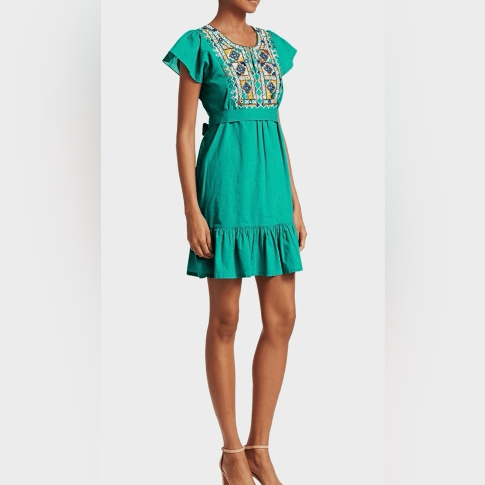Figue Florian Embroidered Mirrored Teal Aqua Mini Dress Ruffle Boho Women's XS